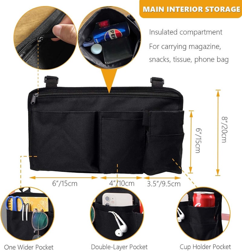 Royitay Wheelchair Side Bag with Cup Holder,Wheelchair Armrest Accessories Storage Pouch for Rollator，Walker，Power Wheelchairs，Nylon Walker Side Bag, Black - Image 2
